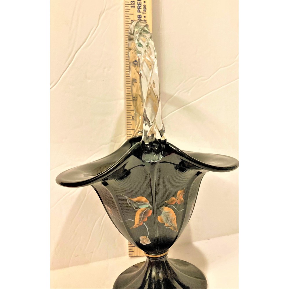 Vintage Fenton Pedestal Basket Black Milk Glass Hand Painted Signed D. Gersel